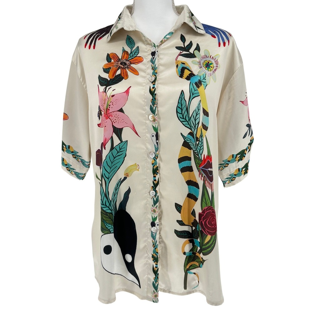 Artsy Illustrated Botanical Collage Button-Down Top Womens S Resort Whimsigoth